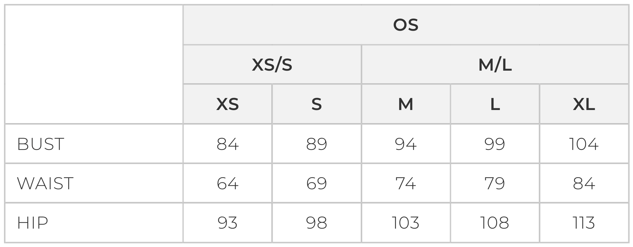 Size chart for clothing with measurements in centimeters